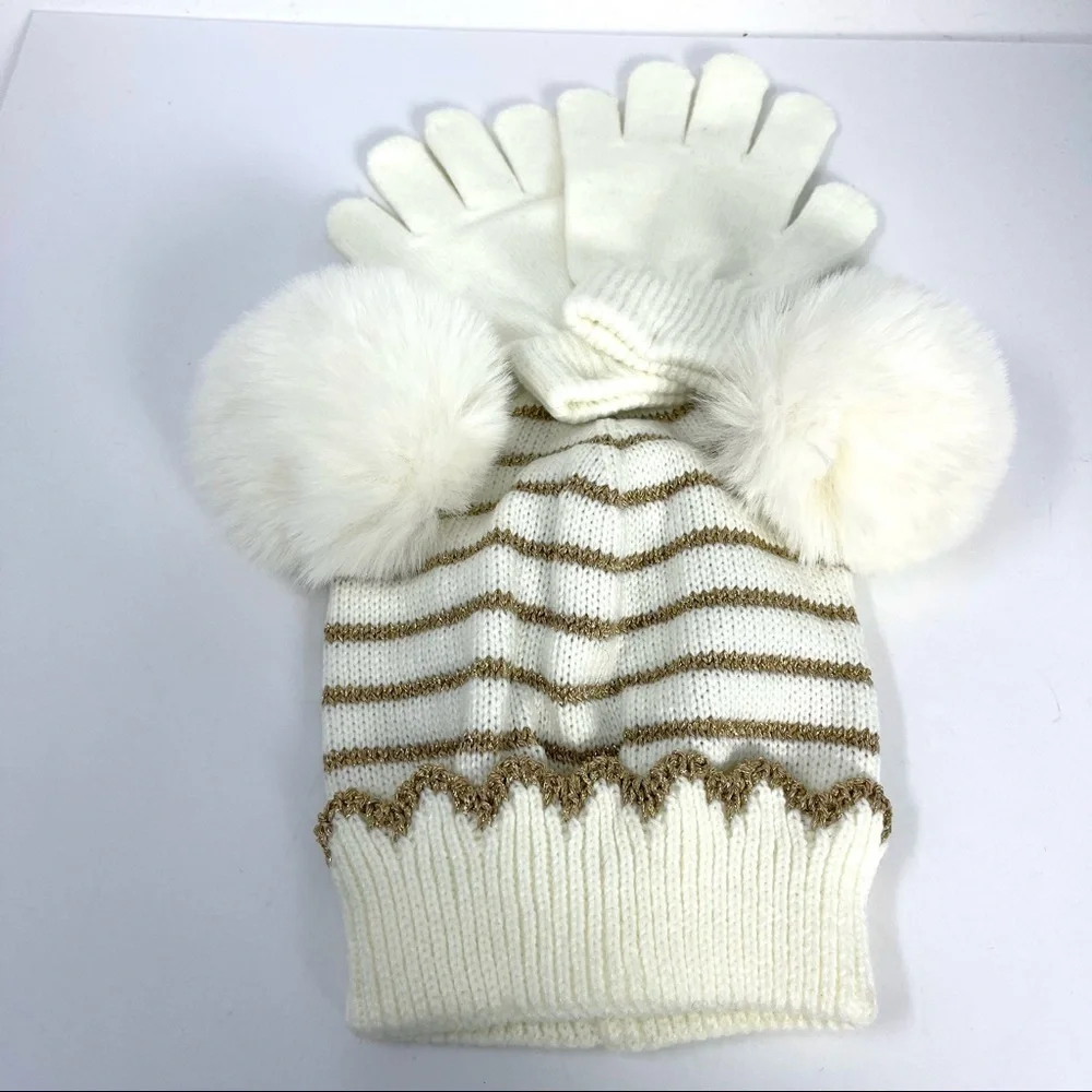 OMG Pom Pom beanie stiped faux fur with gloves